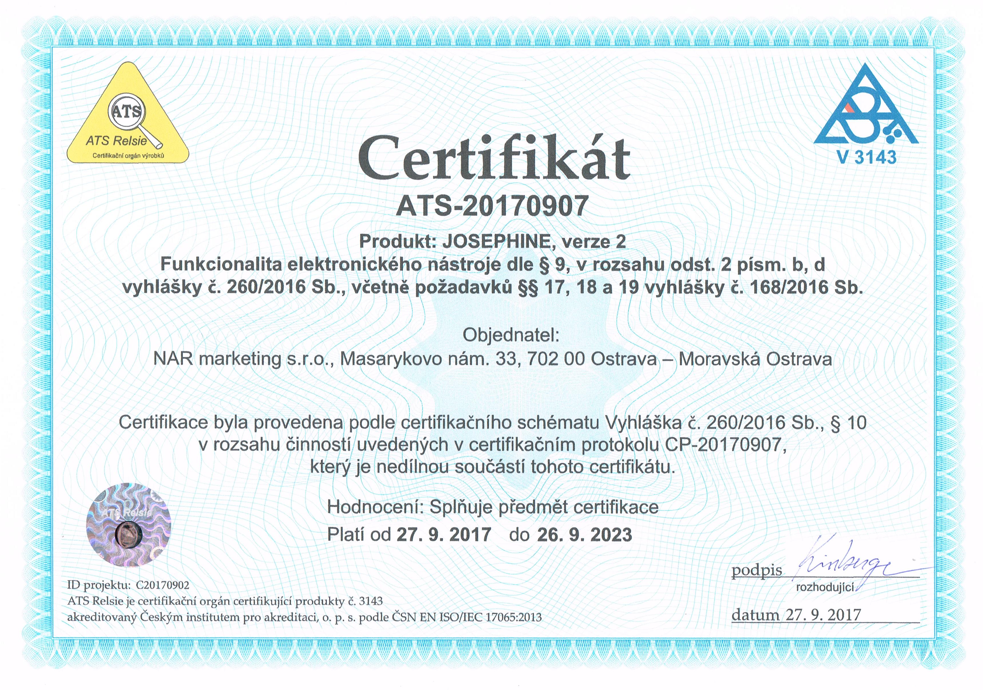 Certifikát ATS-20170907